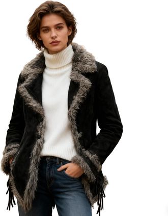 Generic Womens Vintage Faux Suede Winter Coat with Faux Fur Collar, Long Jacket in Black/Brown Bohemian Plus Size Long Coat