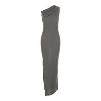 Rick Owens Kleedjes, Dames, Grijs, S, Katoen, Athena Asymmetrische Lange Jurk