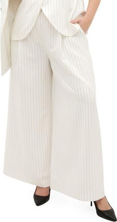 City Chic Belted Pinstripe Wide Leg Pants in Ivory Pinstripe at Nordstrom, Size Xxxs