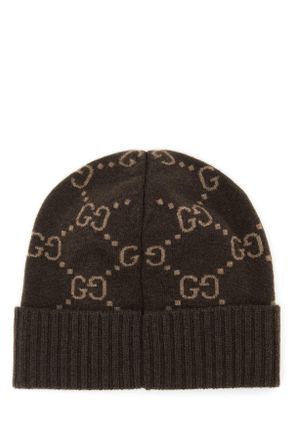 Gucci Unisex Embroidered Cashmere Beanie Hat Brownbeige Fabric Cappelli