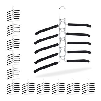 Relaxdays Set 12 Perchas Ahorra Espacio Antideslizantes, Colgador M&uacute;ltiple 5 Prendas, Compacta, 39x40,5x2cm, Plateado Y Negro