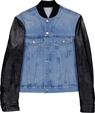 Ferragamo Leather Sleeve Denim Cotton Jacket, Brand Size 50 ( US Size 40 )