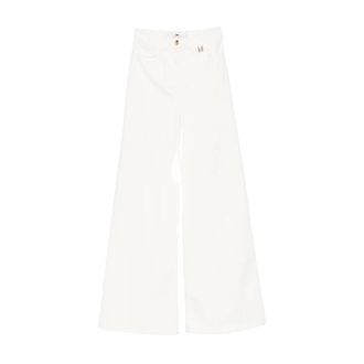 Elisabetta Franchi Wide Trousers, female, White, Size: W28 High-Waisted Wide-Leg Trousers