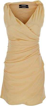 Jacquemus Kleedjes, Dames, Beige, S, Katoen, Beige V-hals Jurk met Gedrapeerde Details