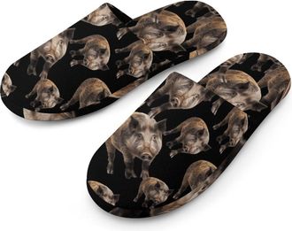 Generic Wild Boar Pigs Flannel Mens Slip-on Slippers Winter Warm House Shoes with Rubber Sole for Home Hotel