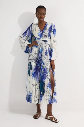 Karen Millen Womens Floral Balloon Sleeve Pleated Crinkle Cut Out Woven Maxi Dress - Blue - Size 10 UK