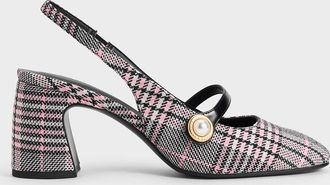 Charles & Keith Plaid Pearl-Accent Mary Jane Pumps