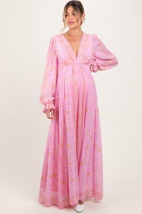 Pinkblush Paisley Deep V-Neck Long Sleeve Maxi Dress at Nordstrom, Size Small