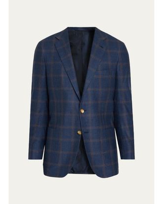 Kiton Mens Cashmere & Wool Windowpane Single-Breasted Sport Coat