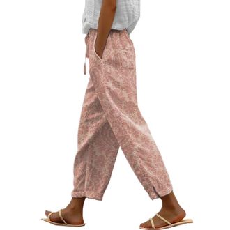 Generic Womens Autumn Linen-Print Casual Trousers with Elastic Belt & High Waist Pockets, Soft Hemp-Blend Pants for Creative Workshops, Farmers Markets & Earl