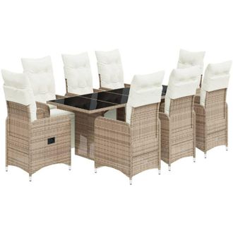 vidaXL Set De Mesa Y Sillas Jard&iacute;n 9 Piezas Y Cojines Rat&aacute;n Pe Marr&oacute;n Vidaxl
