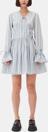 Ganni White Blue Stripe Cotton Mini Wrap Dress - Size 44 Organic