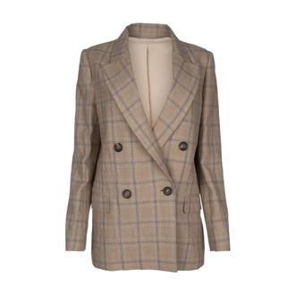 Brunello Cucinelli Prince of Wales Linen Blazer - female - Brunello Cucinelli - Blazers - Brown - M - Jackets