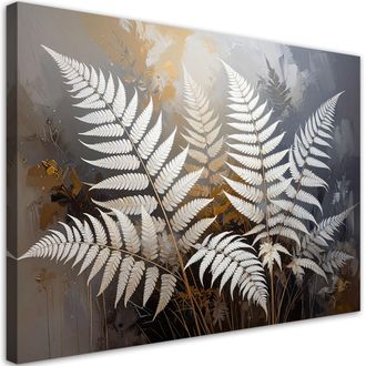 Feeby Cuadro Sobre Lienzo Hojas De Helecho Naturaleza Plantas Blanco Gris 100x70