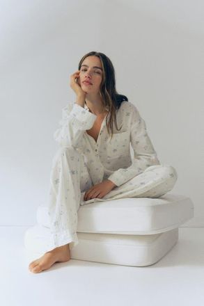H&M Cotton Muslin Pajamas in Cream/floral at Nordstrom, Size X-Small
