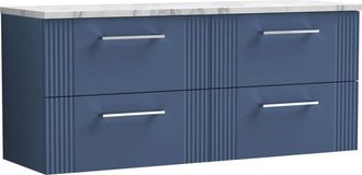 Nuie Deco Wall Hung 4-Drawer Vanity Unit with Carrera Marble Worktop 1200mm Wide - Satin Blue - Nuie