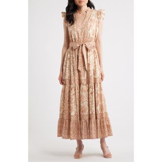 Elie Tahari The Eden Print Tie Waist Maxi Dress in Cypress Vine Print at Nordstrom, Size 12