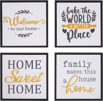 Hhg Juego De 4 Cuadros Hhg-749, Decoraci&oacute;n De Pared, Marcos De Fotos, Frases Sweet Home Welcome World Family, Lienzo De Madera 30 X 30 Cm