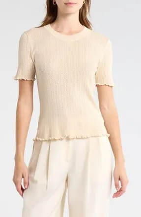 Elie Tahari Pointelle Short Sleeve Sweater in Almond Milk at Nordstrom Rack, Size X-Small