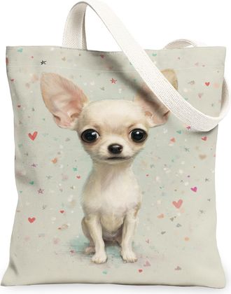 Generic Cute Dog Canvas Tote Bag, Adorable Animal Illustration Reusable Grocery Bags, Lightweight Washable Shoulder Strap Canvas Ba, Beige, 13x15 Inch