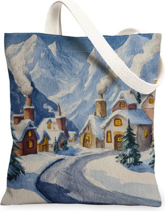Generic Winter Snowy Village Canvas Tote Bags, Rustic Landscape Art Pattern Reusable Grocery Bags, Lightweight Washable Shoulder St, Blue, 13x15 Inch