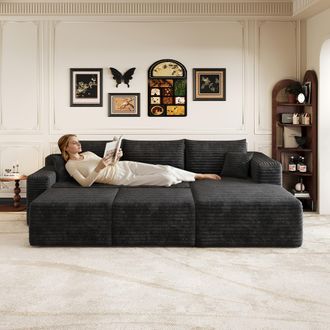STILVORA Divano Modulare 5 Posti In Velluto A Coste Con Pouf E Chaise Longue A Destra, Senza Montaggio, Nero