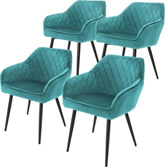 ML Design Ml-design - Set 4x Sillas De Comedor Azul Turquesa, Petr&oacute;leo Moderno Asiento Tapizado Aspecto De Terciopelo Patas De Metal Negras Con Respaldo Y Apoya
