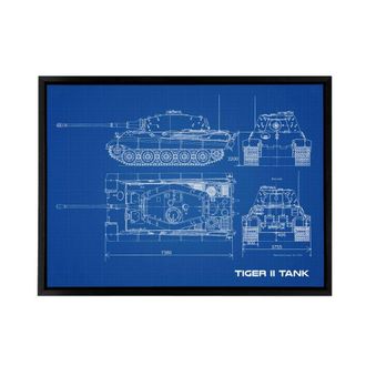 Artery8 Tiger II German Heavy Tank Blueprint Plan Framed Canvas Wall Art Print in Blue | Size: W24 x H32