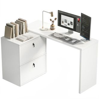 HOMCOM Homcom Escritorio Reversible En Forma De L, Mesa De Escritorio Con 2 Cajones Archivadores, Dise&ntilde;o Moderno Para Espacios Peque&ntilde;os, Blanco
