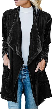 Generic Velvet Cardigan Jacket Open Front Lapel Collar Outerwear Velour Long Blazers Jacket Autumn Winter Coat(Black, XXL) Wind und Regenjacke Damen