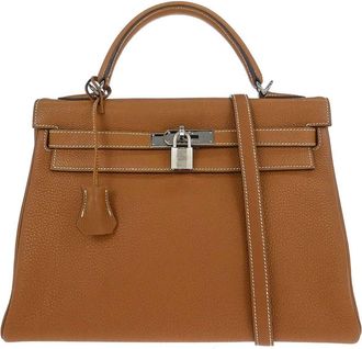 Herm&egrave;s Kelly Handbag Brown Togo With Palladium Hardware Gold Leather Handbag (Pre-Owned)