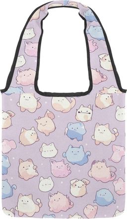 Generic Cute Cartoon Kitten Reversible Canvas Shoulder Tote - Double-Sided Print, 12oz Cotton, 27cm Drop, Fold-Flat Bag for Travel, Shopping, Street Outings
