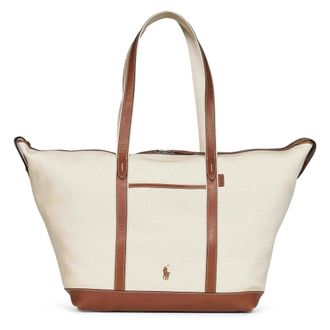 Polo Ralph Lauren Tote Bags, female, Beige, Size: ONE SIZE Leather-Trim Canvas Large Shopper Tote