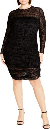 City Chic Frankie Swirl Ruched Semisheer Long Sleeve Dress in Black at Nordstrom
