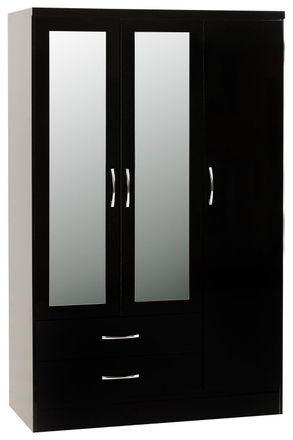 Seconique Nevada 3 Door 2 Drawer Mirrored Wardrobe in Jet Black