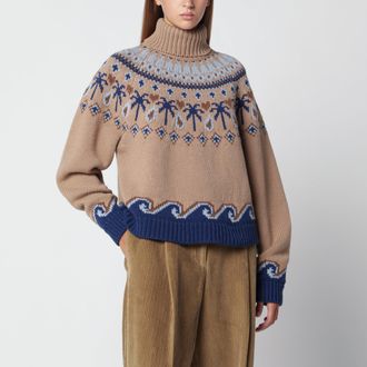 Alanui Sweet Winter beige and blue wool turtleneck sweater