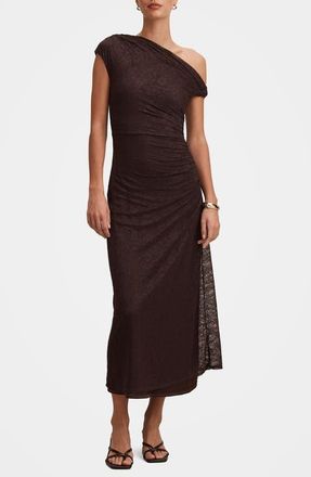 Ever New Paris Asymmetric Lace Midi Dress in Chocolate at Nordstrom, Size 10