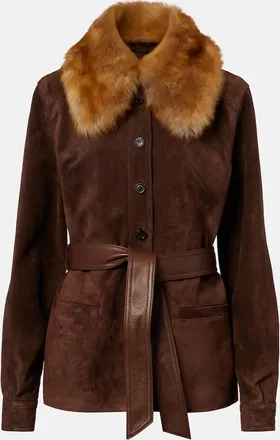 Saint Laurent Belted shearling-trimmed suede jacket