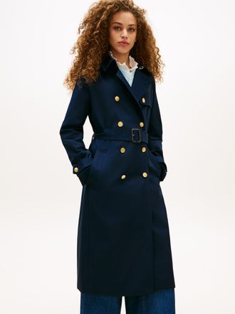 Tommy Hilfiger Trenchcoat TOMMY HILFIGER SLIM COTTON MIDI TRENCH, Damen, Gr. L (42/44), schwarz night navy, Web, Obermaterial: 100% Baumwolle, unifarben, slim fit wa