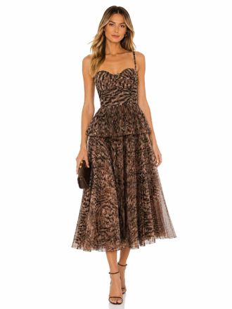 Hutch Animal Print Pleated Peplum Midi Dress In Brown