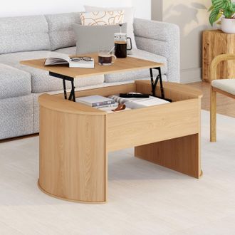 IDMarket Mesa De Centro Elevable Ovalada Divia De 100 Cm En Madera Veteada De Haya, Dise&ntilde;o Redondeado