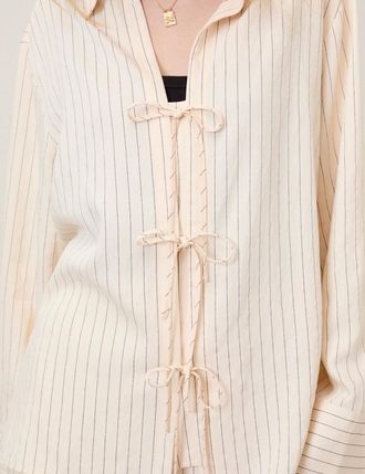 Nobody's Child Cream Pinstripe Tie Front Shirt