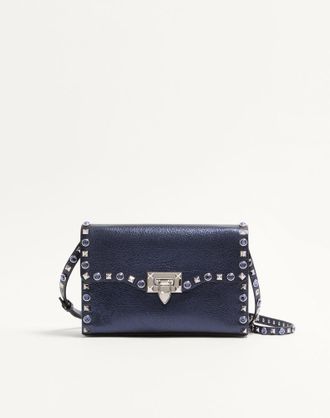 Valentino Garavani Borsa A Tracolla Piccola Valentino Garavani Rockstud In Vitello Laminato Con Pietre Cabochon Donna NAVY UNI