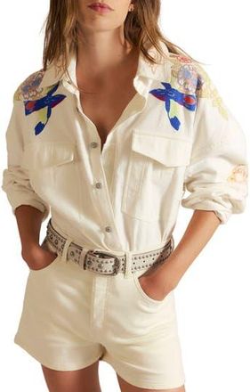 Free People Take Flight Embroidered Cotton Shirt in Snow Bell Combo at Nordstrom Rack, Size Small