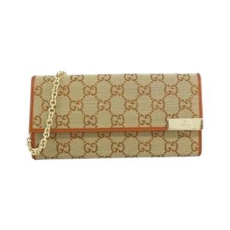 Gucci Pre-owned Clutches, female, Beige, Size: ONE SIZE Pre-owned GG Canvas Metallic Leather Wallet
