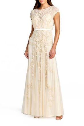 Mac Duggal Floral Embellished Short Sleeve Mesh Gown in Butter at Nordstrom, Size 18