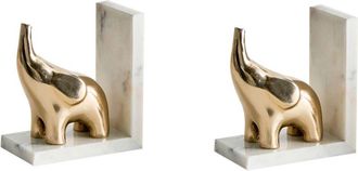 Beliani Conjunto De 2 Sujetalibros Moderno Glamuroso Decoraci&oacute;n Para El Hogar Motivo Animal Elefantes M&aacute;rmol Aluminio Blanco Dorado Kotezi