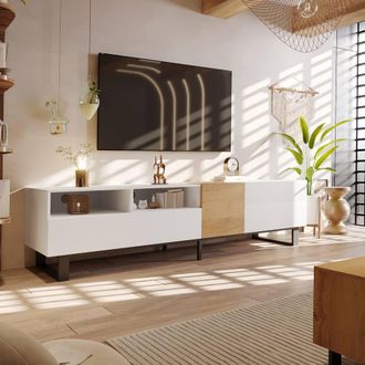 Merax Modern TV Unit with Metal Legs - Media Stand with Doors & Drawers in White