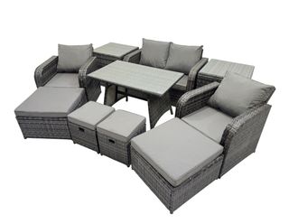 Fimous 8 Seater Rattan Sofa Oblong Dining Table with 2 Big Stool 2 Side Table in Dark Grey