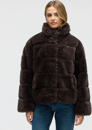 NVLT Womens Wide Stripe Faux Fur Jacket with Stand Collar